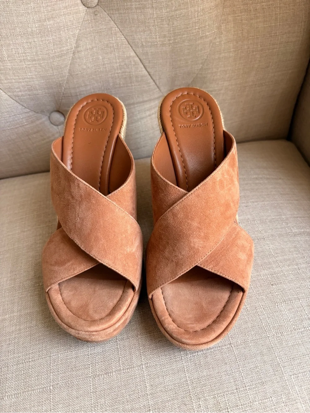 Tory Burch Tan Suede Crisscross Wedge Slides- NEW